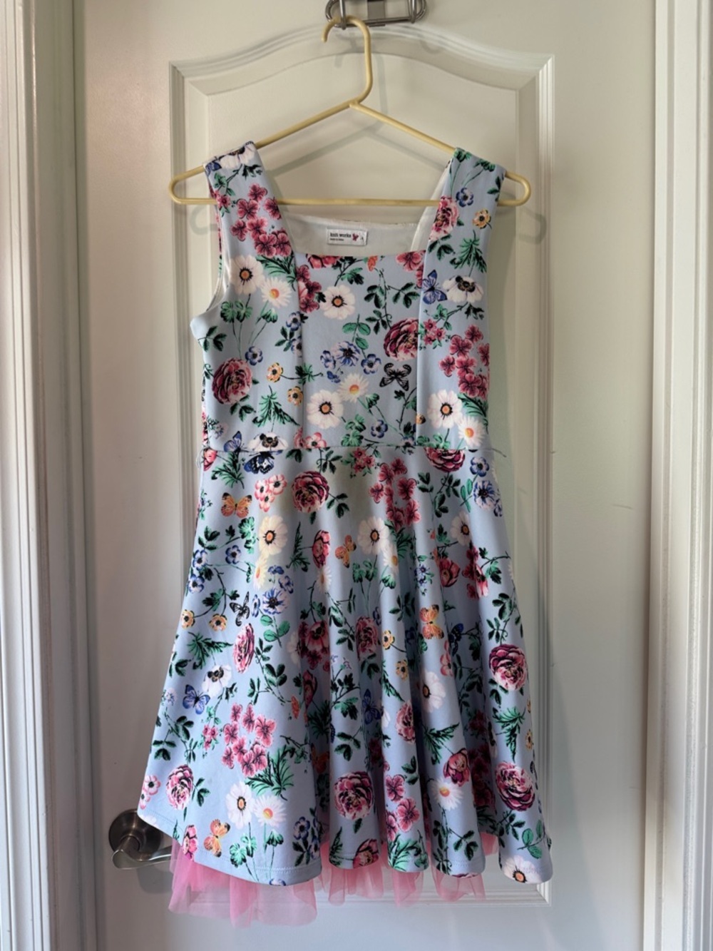 Knitworks Light Blue Floral Dress with Pink Tulle Hem / AA52